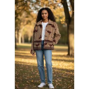 Polartec XL Western Horse Print Fleece Jacket Brown Zip Pocket Boho Ranchwear